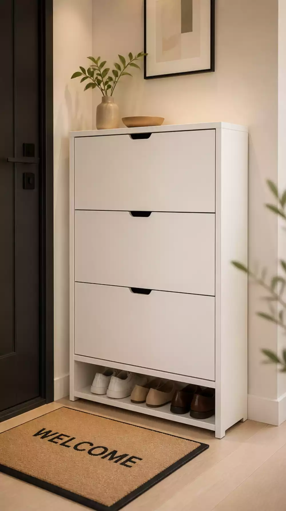 Entryway Slim Shoe Cabinet in Warm White That Holds Eight Pairs Per Column