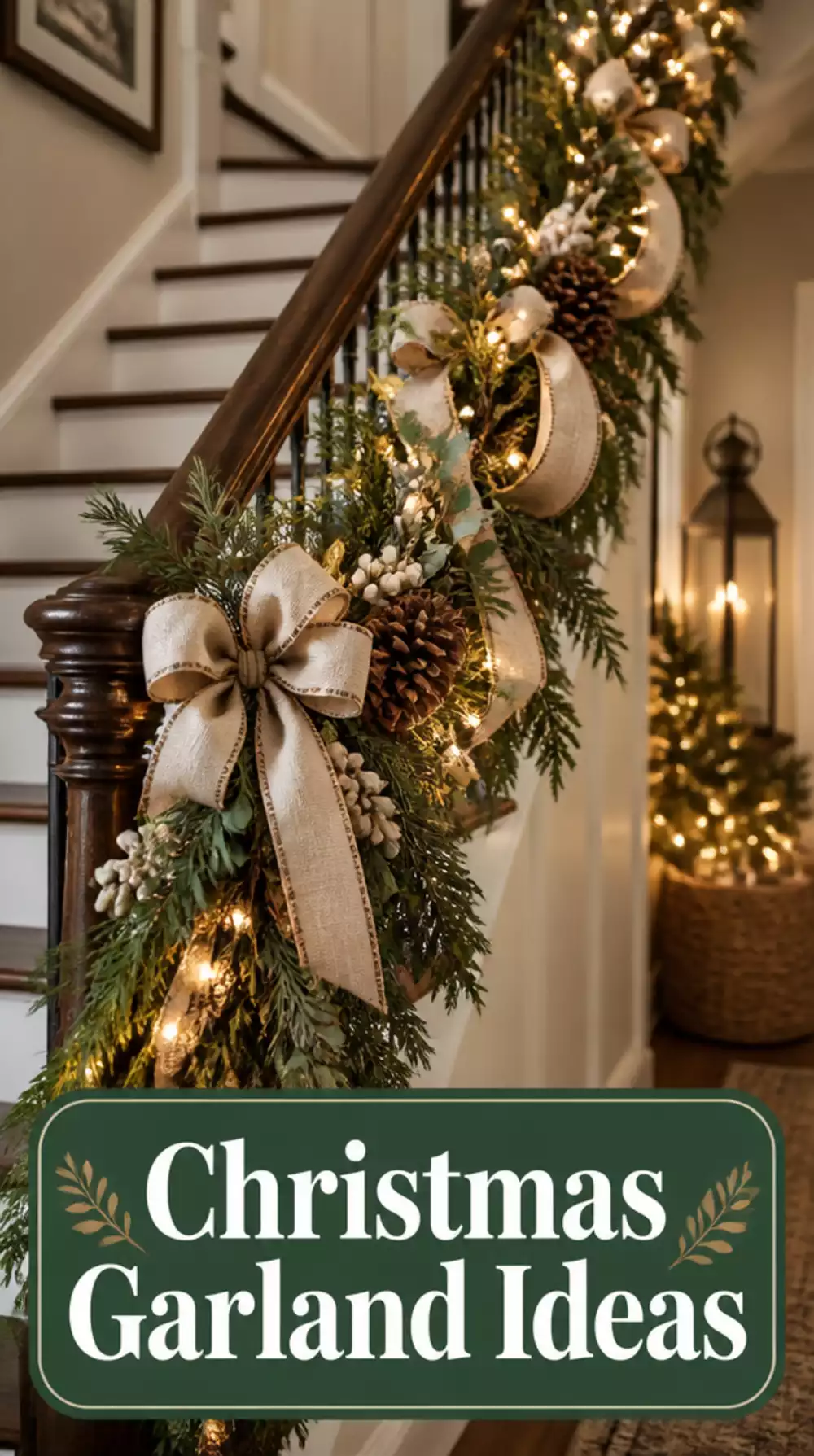 Entryway Garland Draped Along a Stair Banister with Warm Fairy Lights