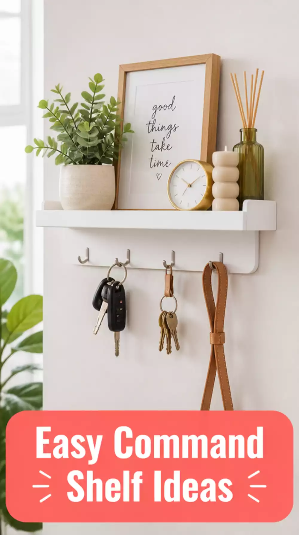 Adhesive Entryway Command Shelf That Holds Keys and a Small Plant