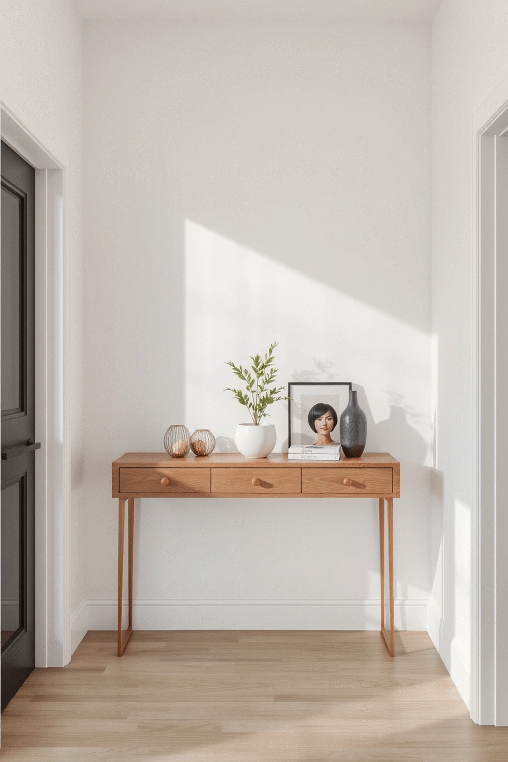 Stylized view of a narrow console table in a minimalist entryway, displaying decorative objects and a small plant, focusing on efficient space utilization.