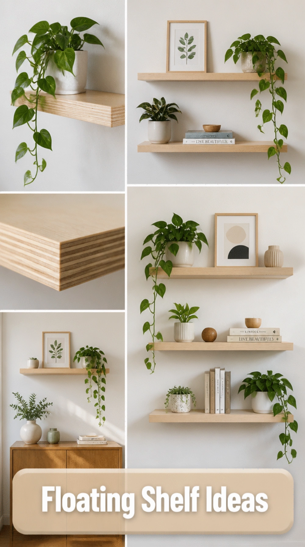 Entryway Birch Plywood Floating Shelf Styled with a Small Trailing Plant