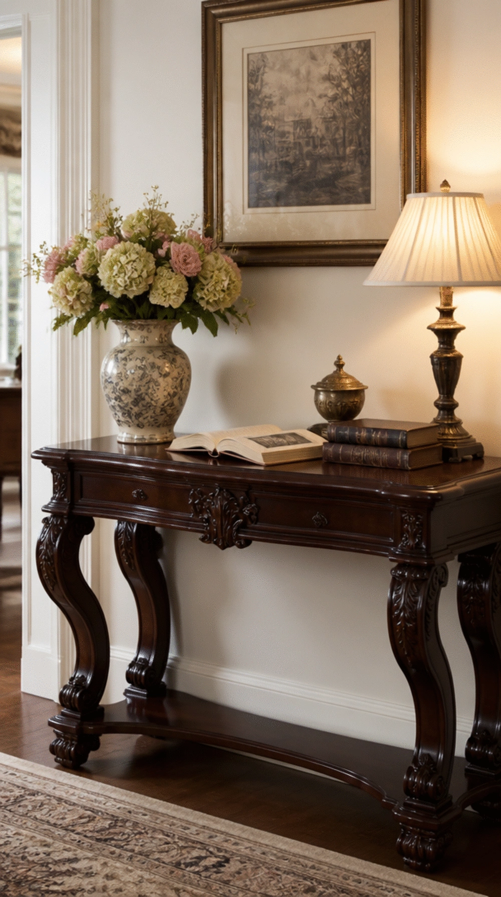 Entryway Antique-Style Console Table in Dark Mahogany with Carved Leg Detail