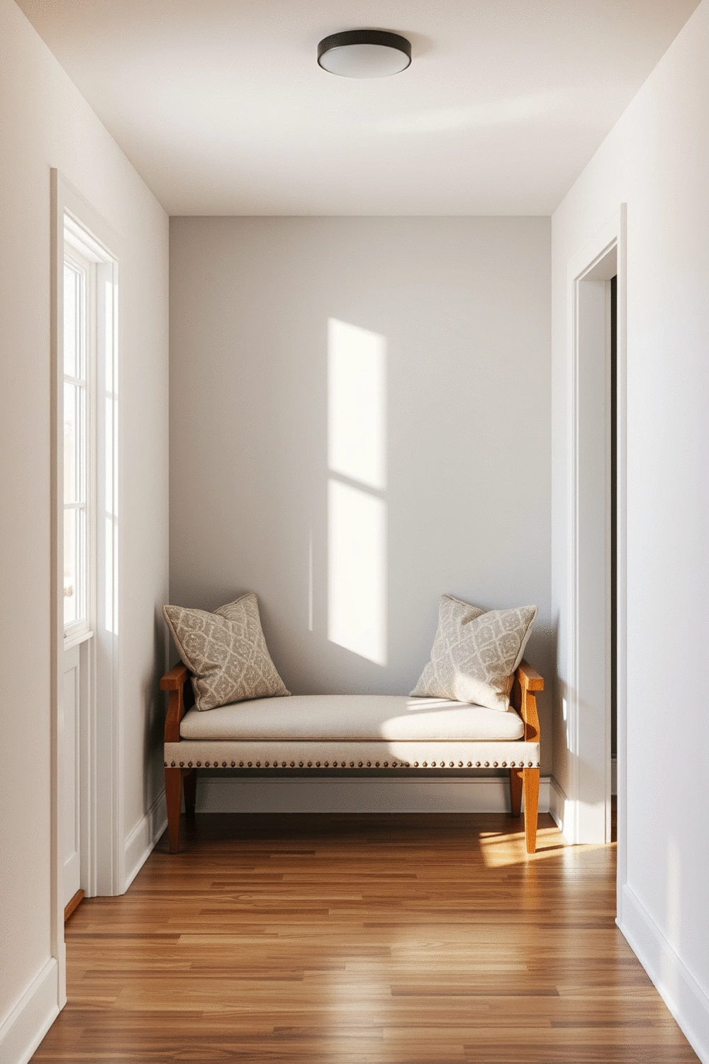 A stylish, empty entryway with a small, upholstered bench and decorative throw pillows, natural light filtering in, clean and inviting atmosphere.