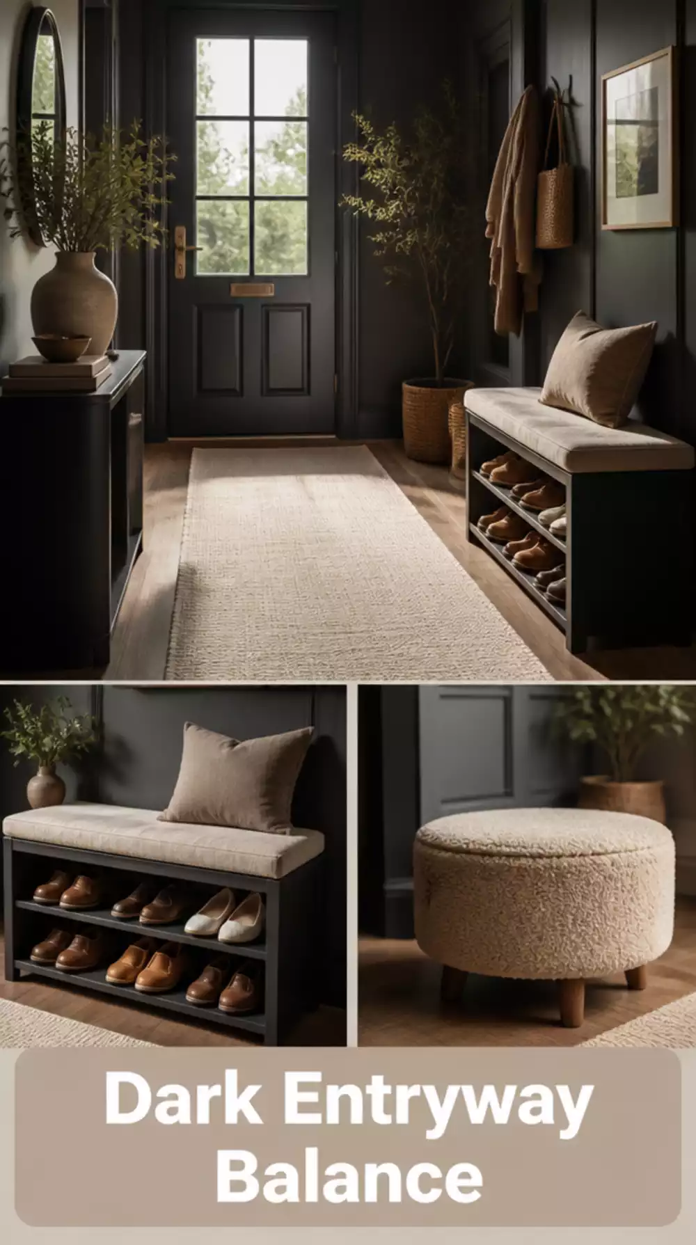 Entryway Dark Wall Paired with a Cream Linen Runner Rug to Balance the Mood