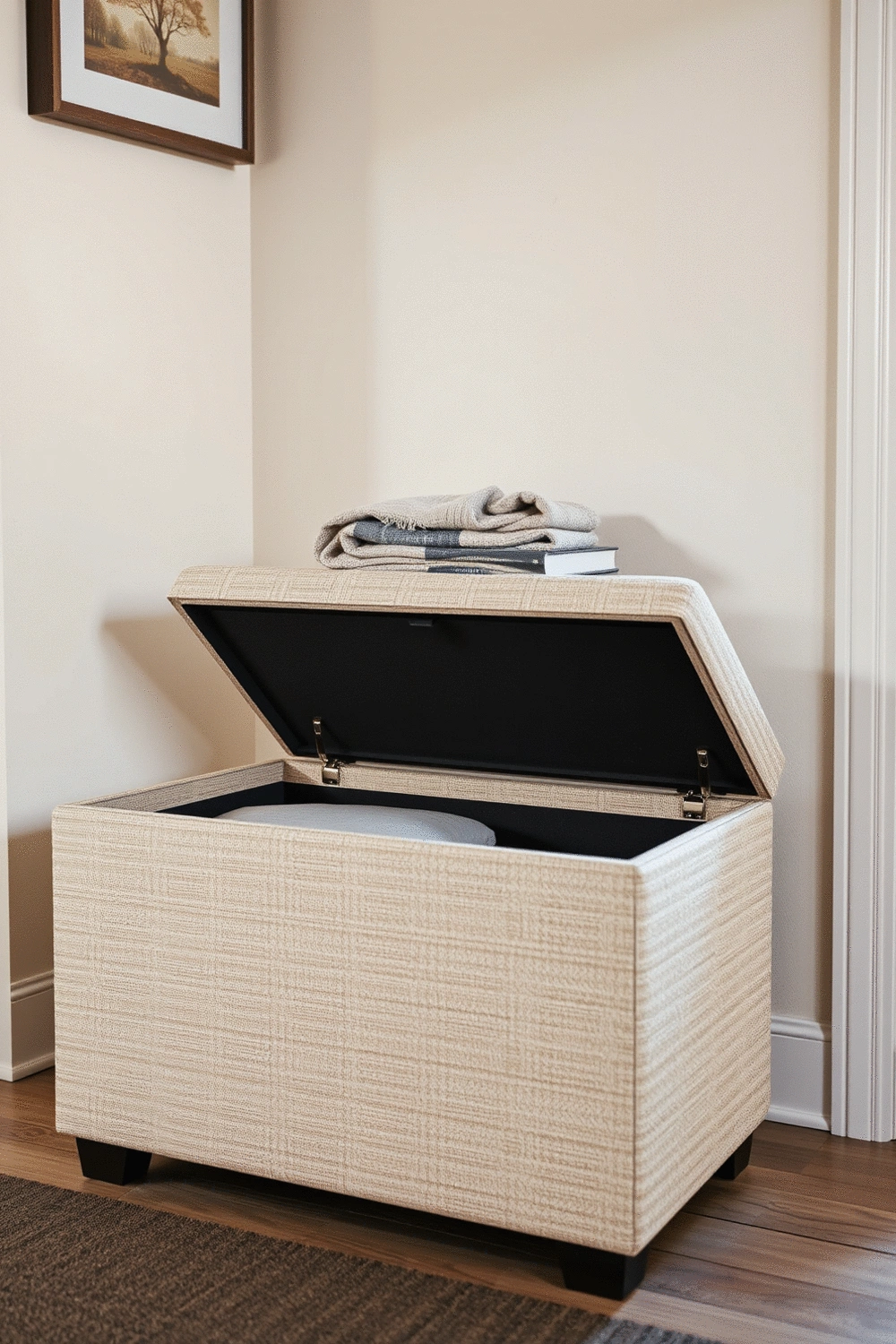 Stylish storage ottoman in an entryway, with a hidden compartment, holding neatly folded blankets and a few books on top