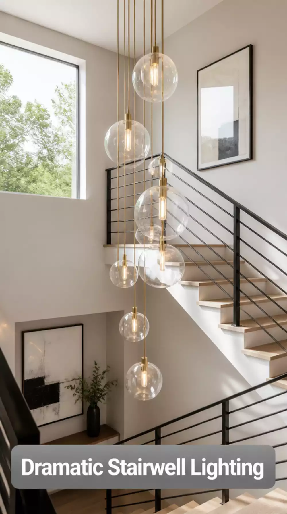 Entryway Pendant Light Hung in the Stairwell Void for a Dramatic Statement