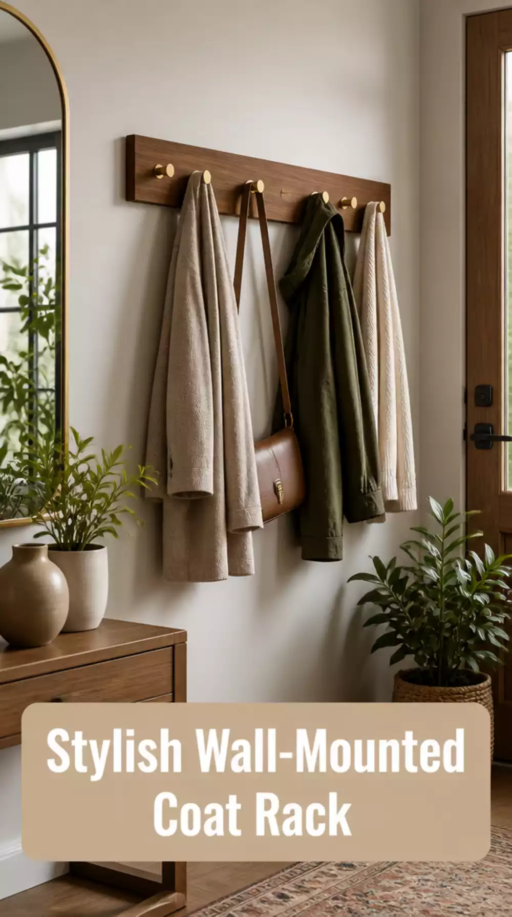 Entryway Wall-Mounted Coat Rack in Solid Walnut with Brass Peg Hooks