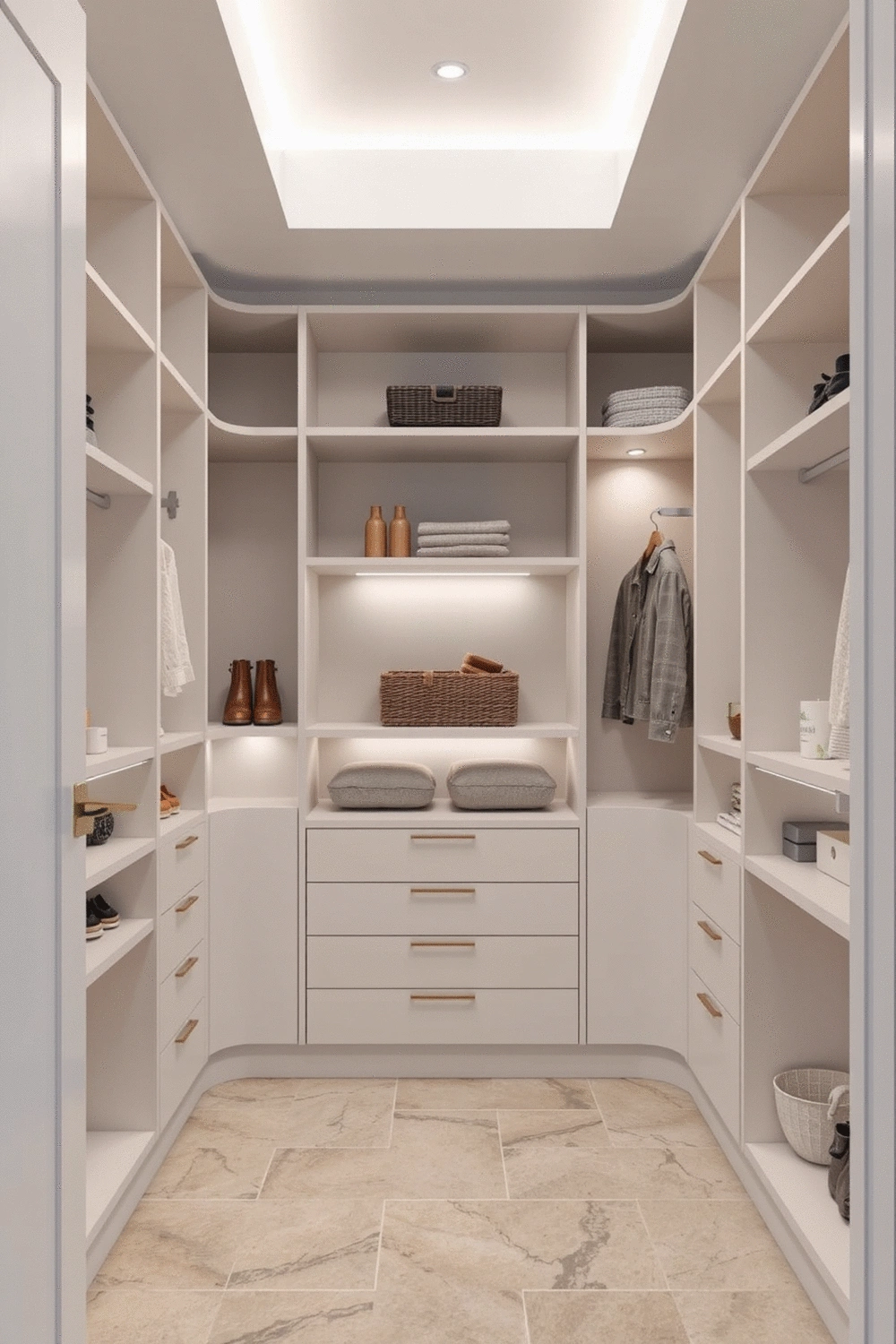 Architectural rendering of an entryway closet with sleek, minimalist custom shelving and integrated lighting, showcasing an 'after' transformation with perfectly arranged items and a clean, modern aesthetic.