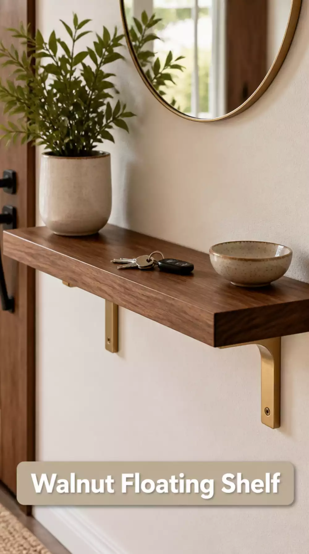 Entryway Walnut Floating Shelf with Solid Brass Bracket Supports Below