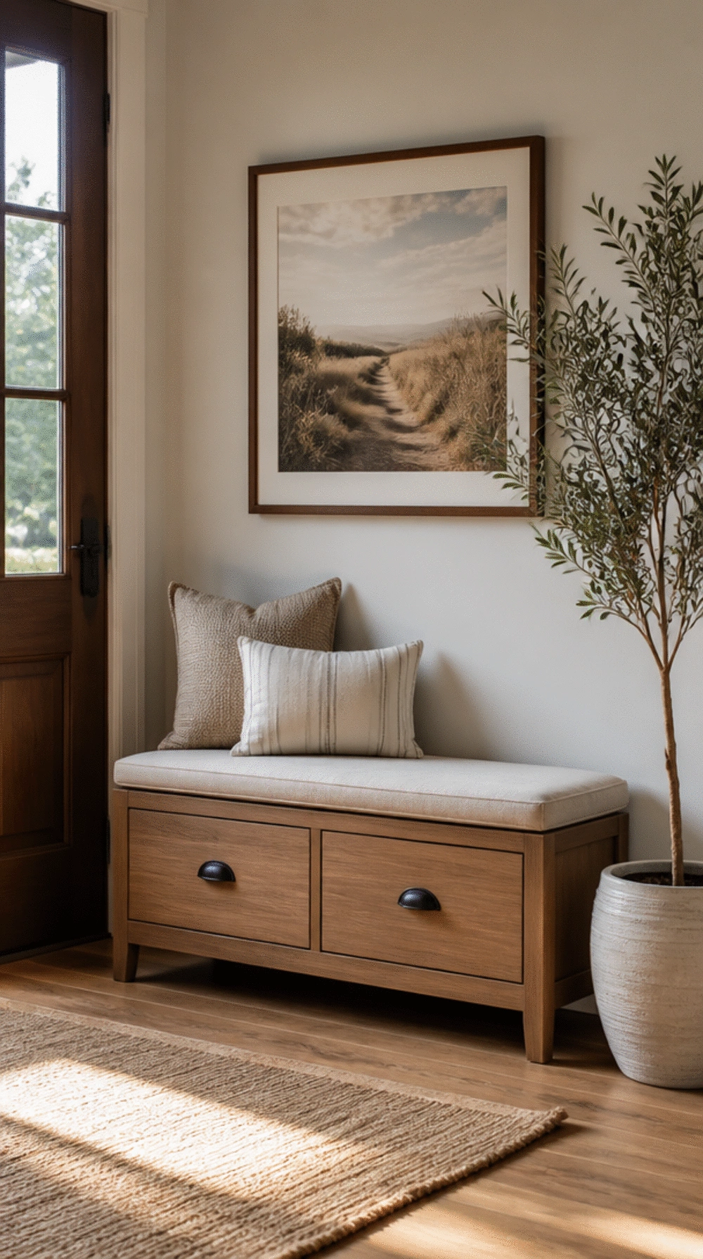 Wooden Entryway Bench with Two Drawers That Hide Everyday Clutter