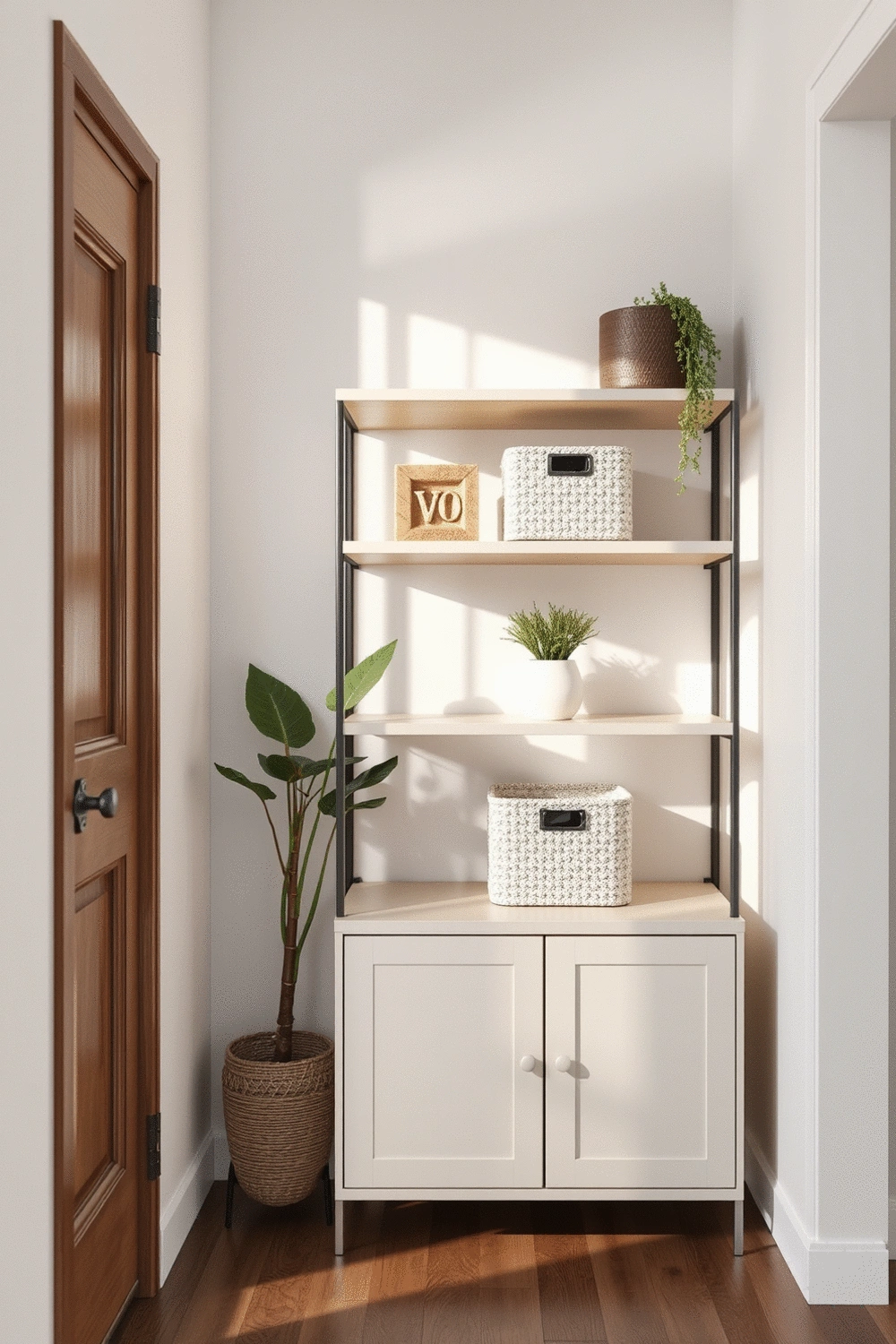Stylized corner shelving unit with decorative storage bins and a small plant, in a well-lit entryway