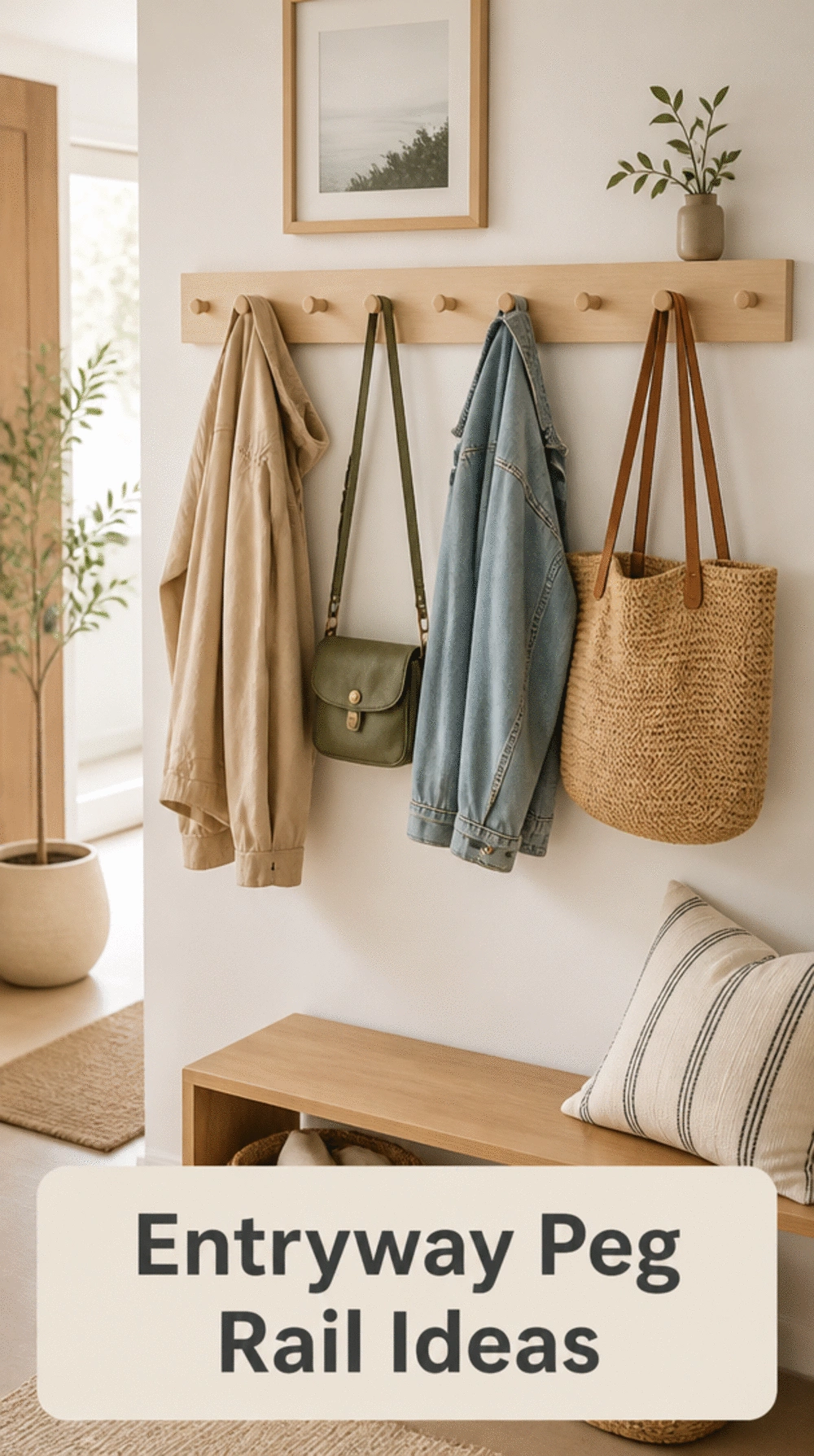 Entryway Scandinavian Peg Rail in Pale Ash with Simple Round Wooden Hooks