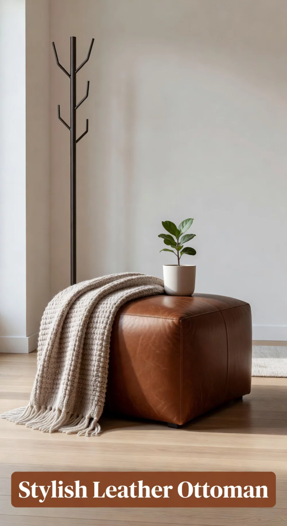 Entryway Leather Ottoman That Doubles as a Seat and a Surface for Bags