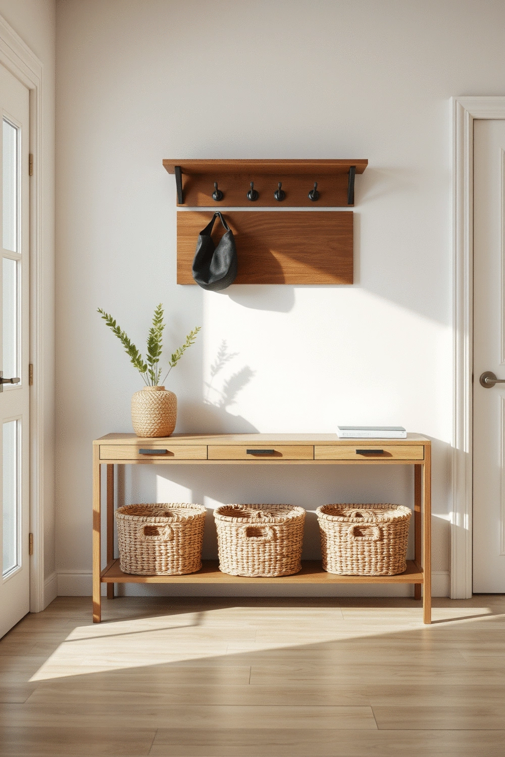 Organized entryway with a console table, decorative baskets, and stylish coat hooks with a shelf