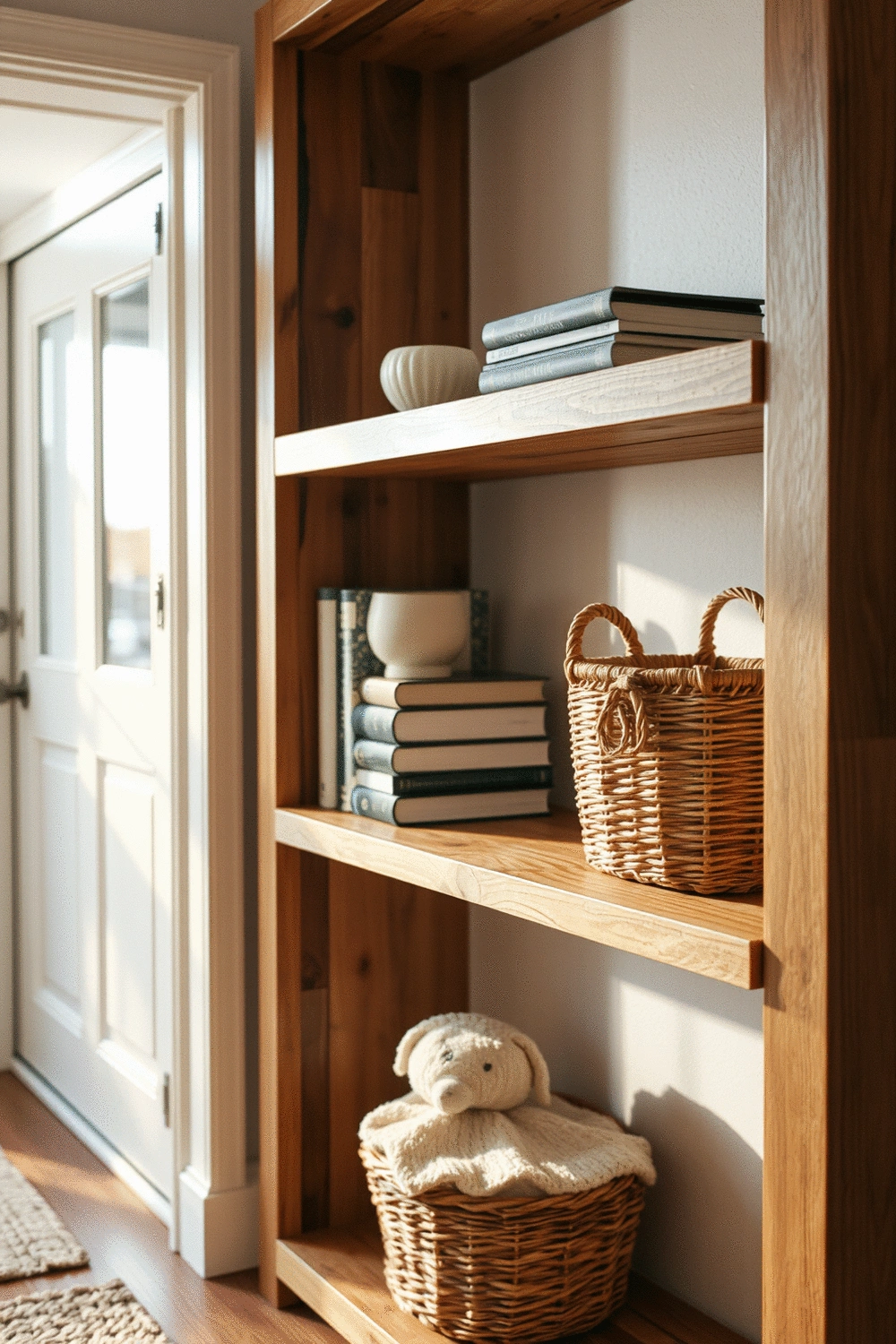 Close-up of a stylish entryway shelving unit made from reclaimed wood, displaying decorative items