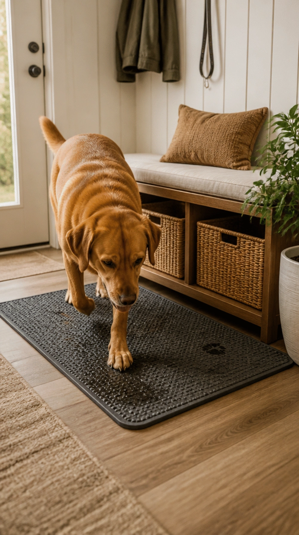 Entryway Washable Rubber Mat Under a Low Bench for Drying Wet Dog Paws