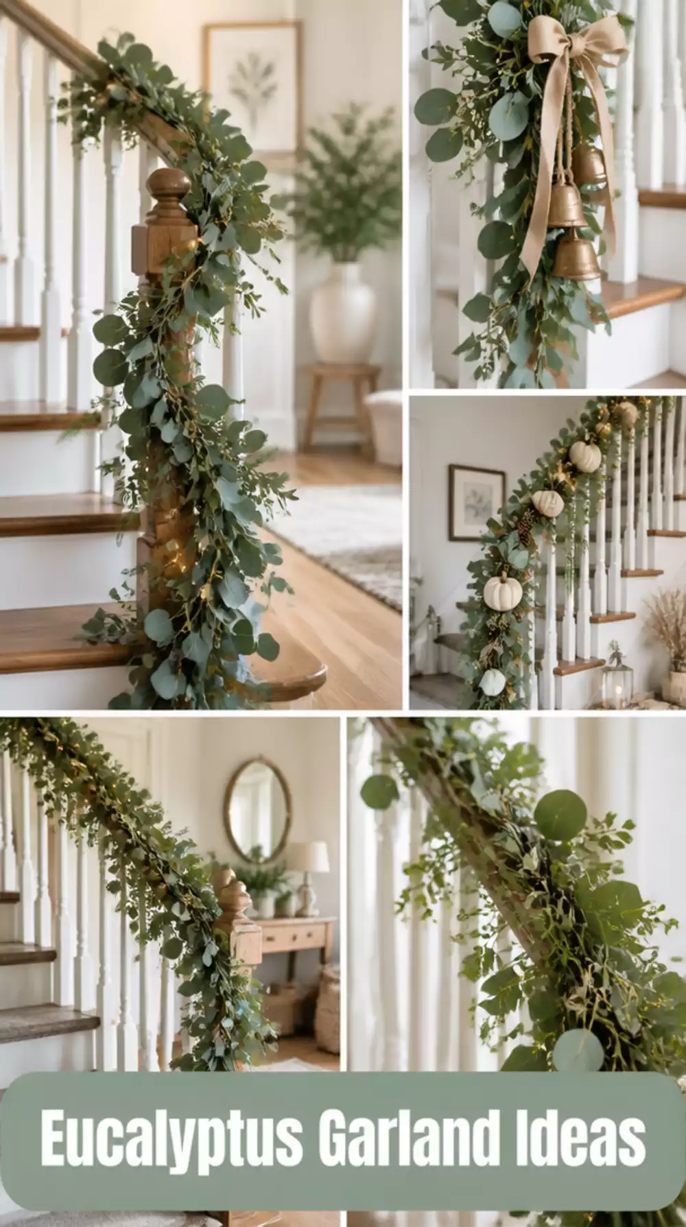 Entryway Staircase Banister Wrapped in Eucalyptus Garland for a Styled Look
