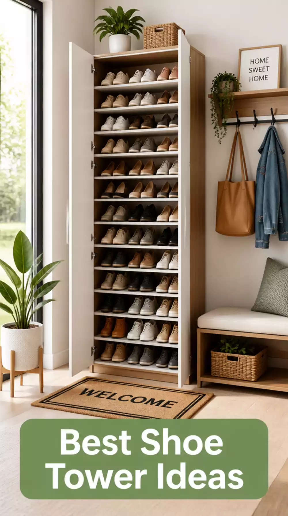 Entryway Tall Shoe Tower Cabinet That Stores Twenty Pairs Behind One Door