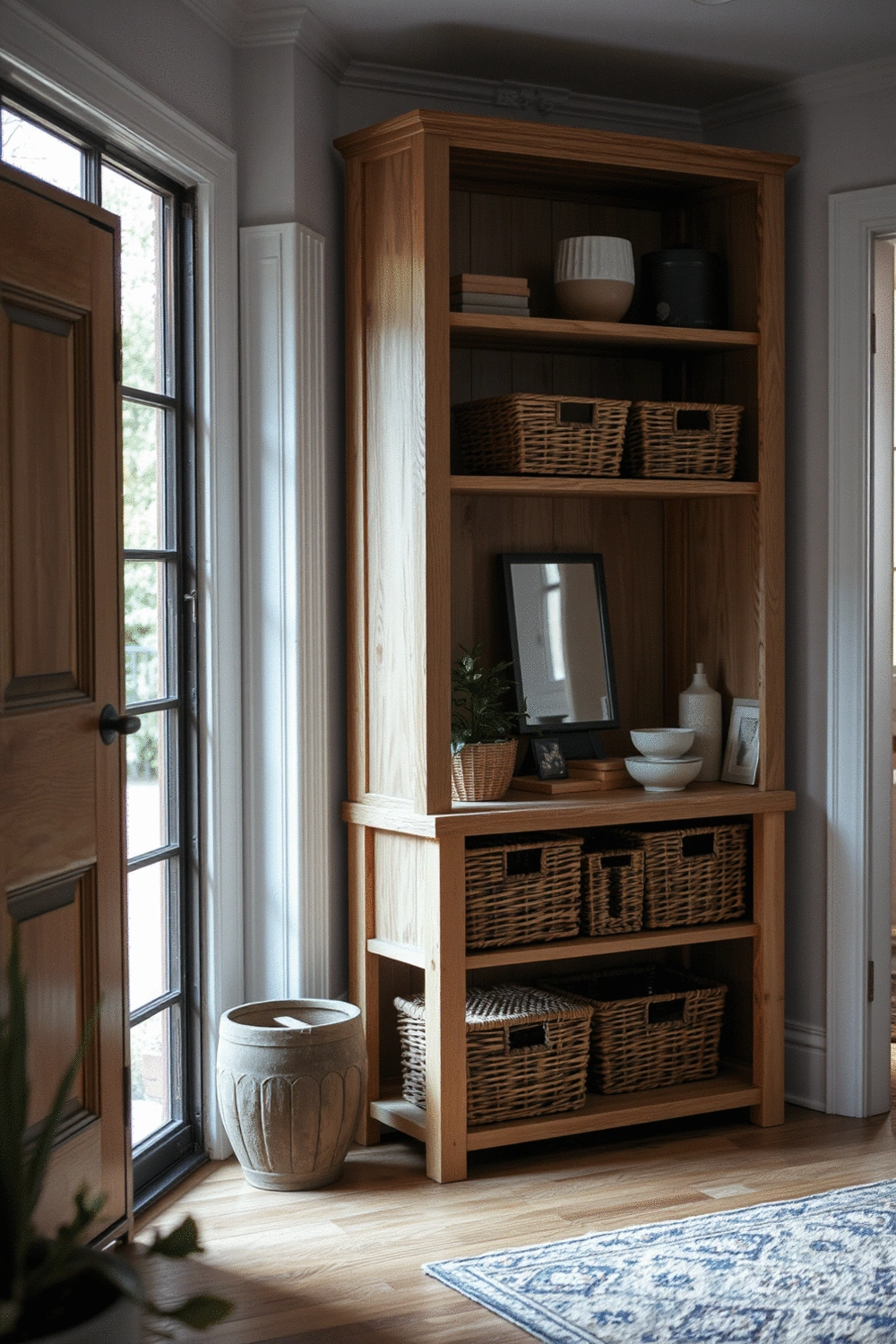 Entryway with a rustic wooden shelving unit, neatly organized with baskets and a small plant