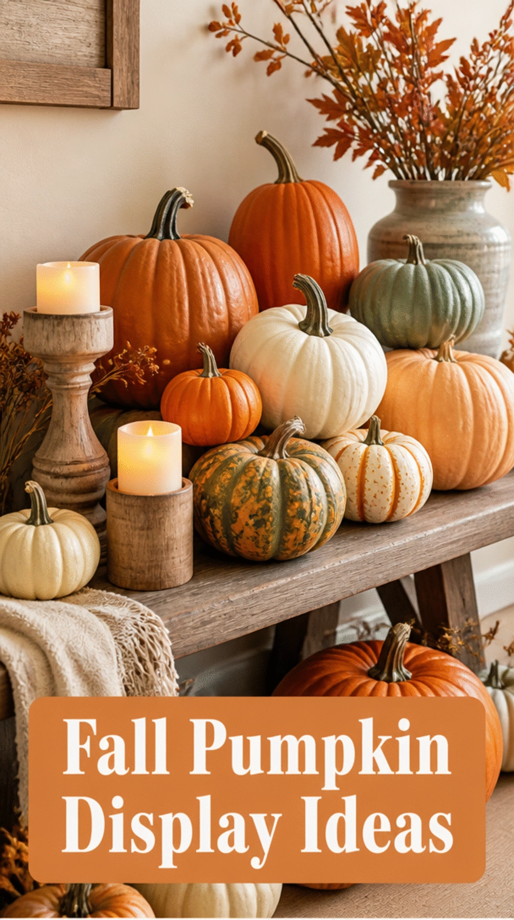 Entryway Pumpkin Display on a Low Wooden Bench or Step for Fall Season