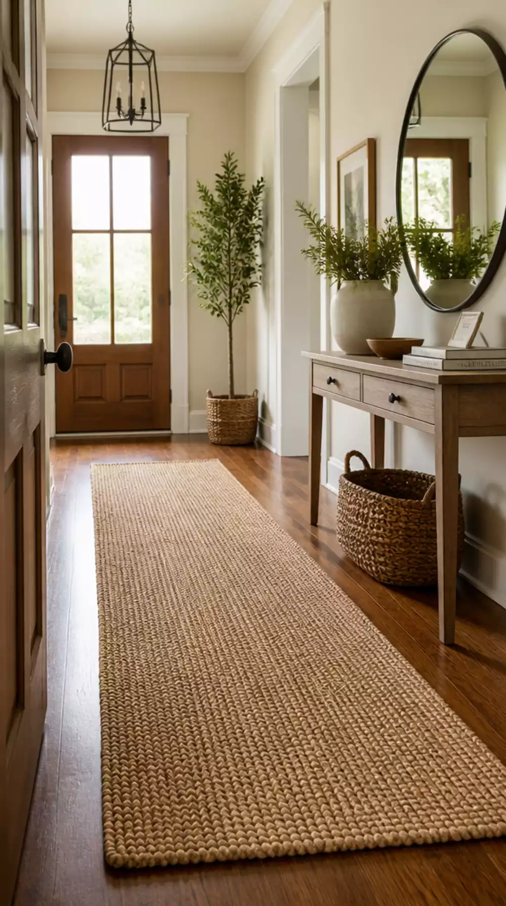 Entryway Jute Runner Rug That Adds Warm Texture to a Wooden Floor