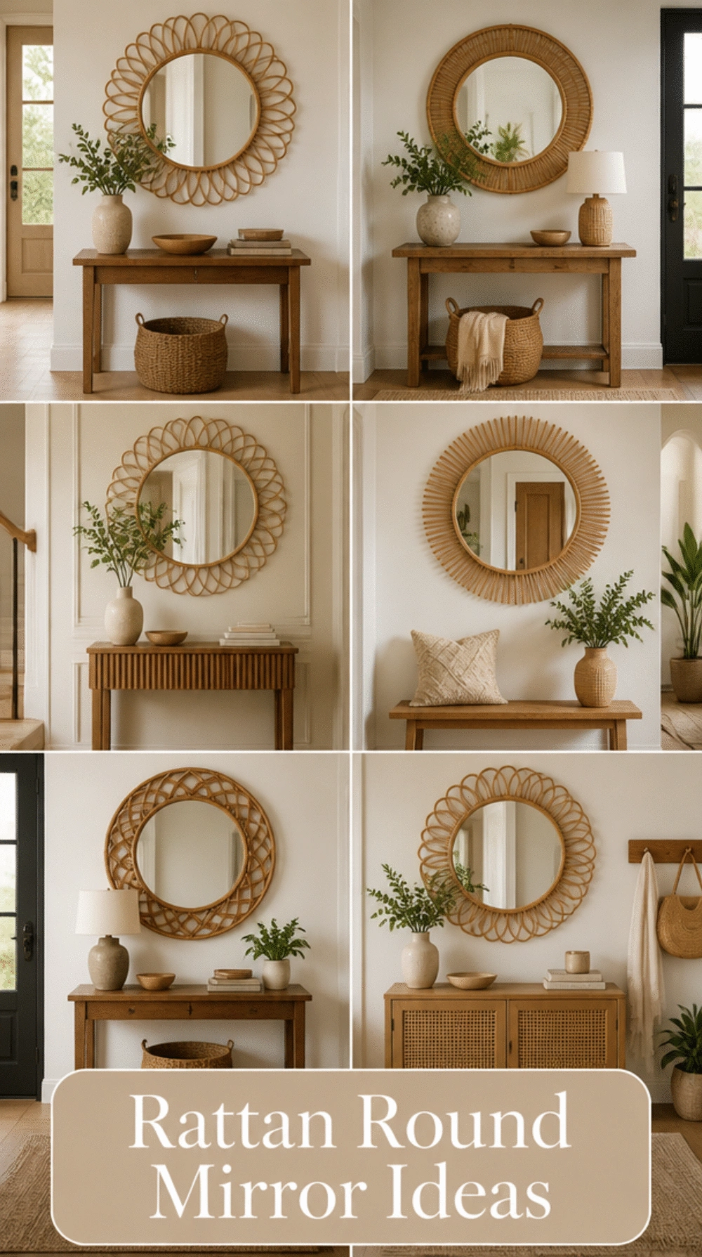 Entryway Rattan-Frame Round Mirror That Adds Warm Texture to a Plain Wall