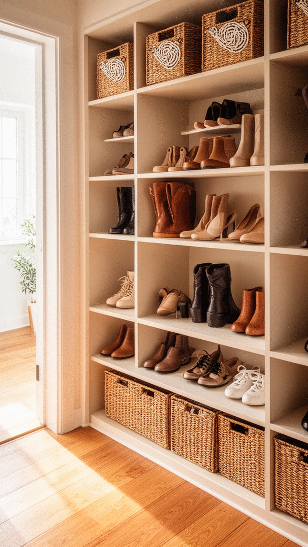 Open Entryway Cubby Shelf That Holds Six Pairs Within Easy Reach