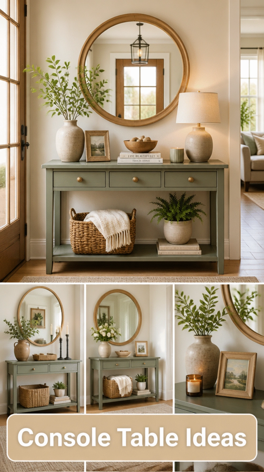 Entryway Sage Green Console Table Paired with a Round Natural Wood Mirror