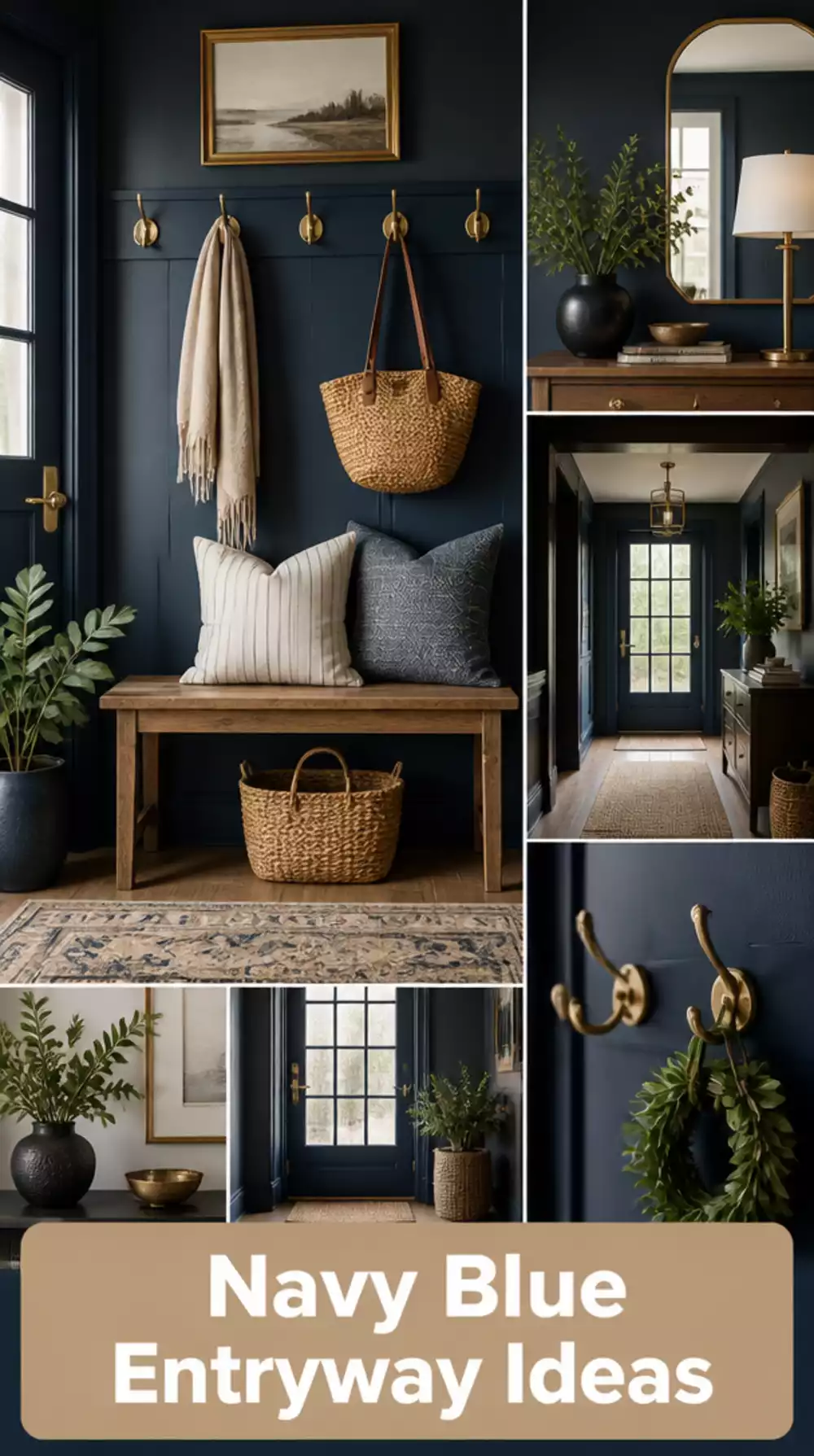 Entryway Navy Blue Painted Wall Paired with Warm Brass Hooks and a Wood Bench