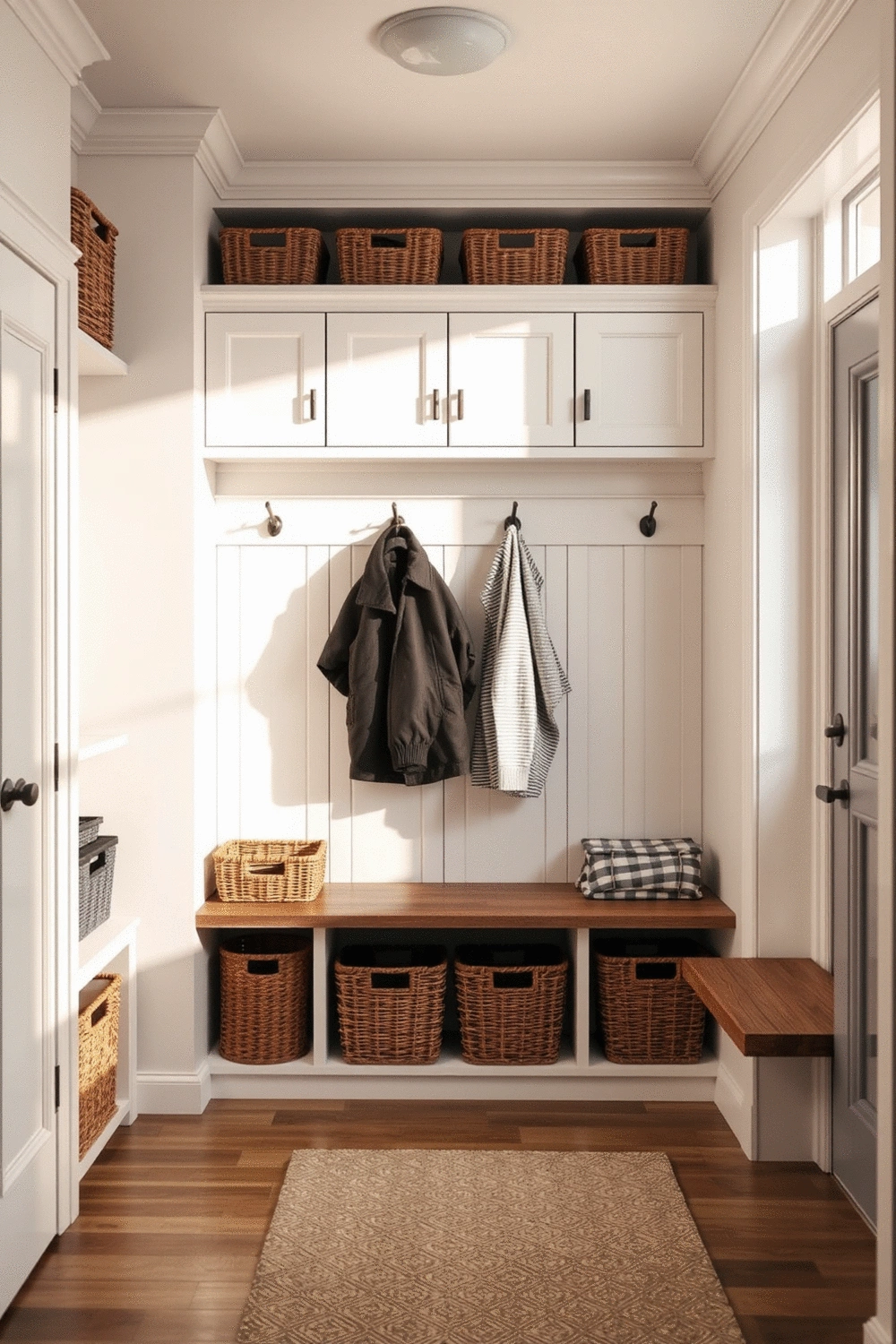 Stylishly organized mudroom with storage cubbies and hooks