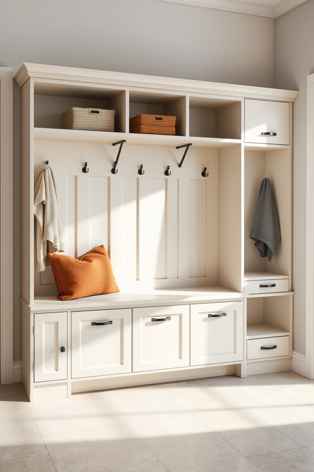 Multi-functional mudroom furniture with built-in storage bench and coat hooks