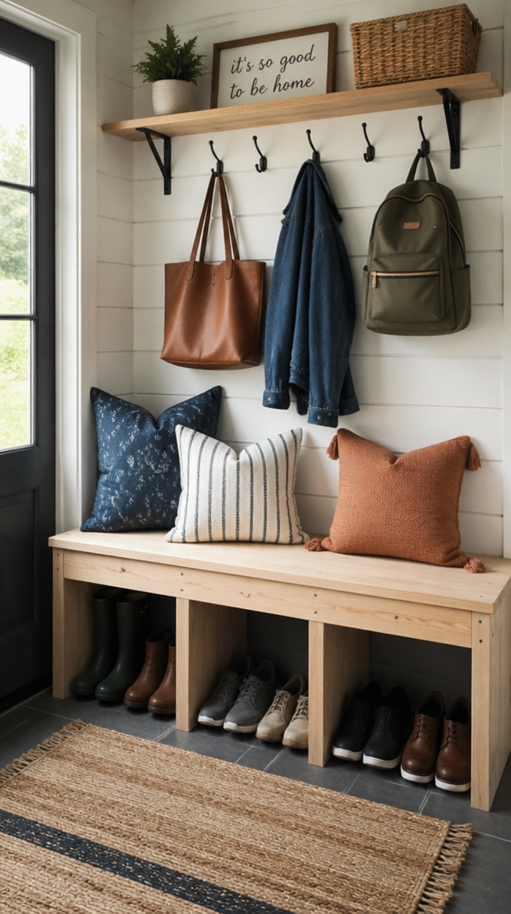 DIY Mudroom Bench Built with Two-by-Four Framing and a Plywood Seat Top