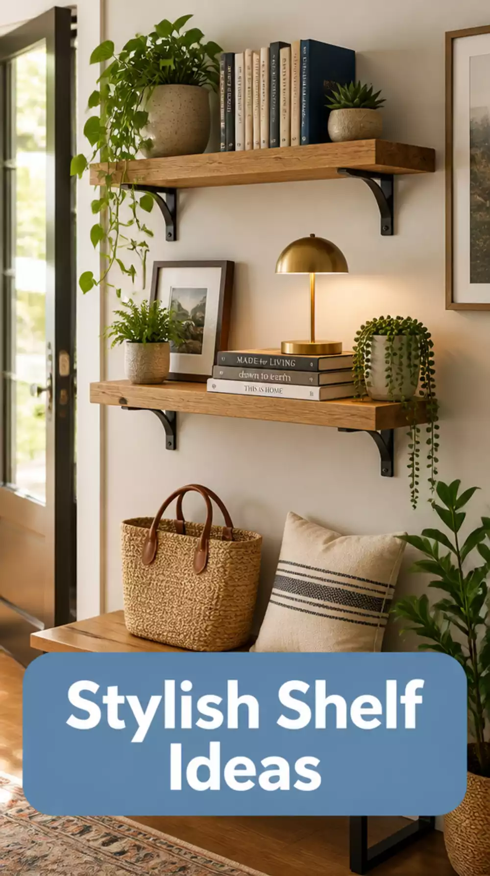 Entryway Wall-Mounted Shelf Styled with Books, Plants, and a Small Lamp