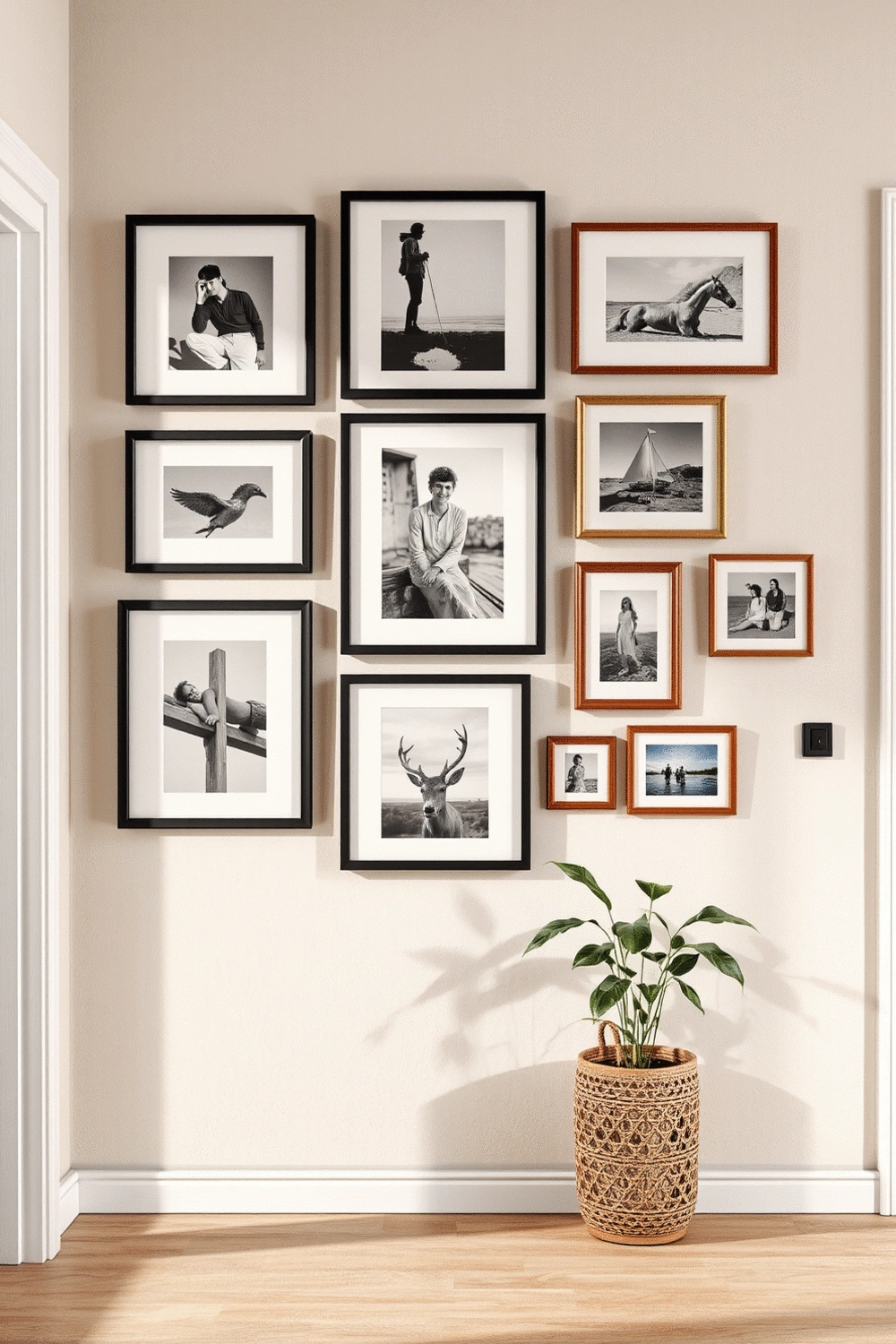 A gallery wall featuring various framed art pieces and photographs, arranged aesthetically on a neutral-colored entryway wall, with a small decorative plant on a nearby shelf.