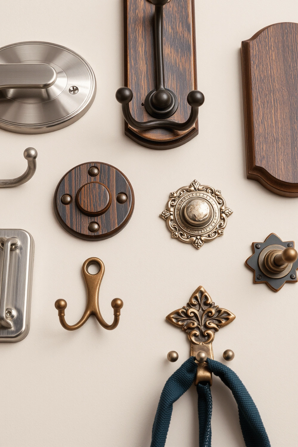 Close-up of a selection of different entryway hooks, including heavy-duty functional hooks and elegantly designed decorative hooks, arranged on a neutral background.