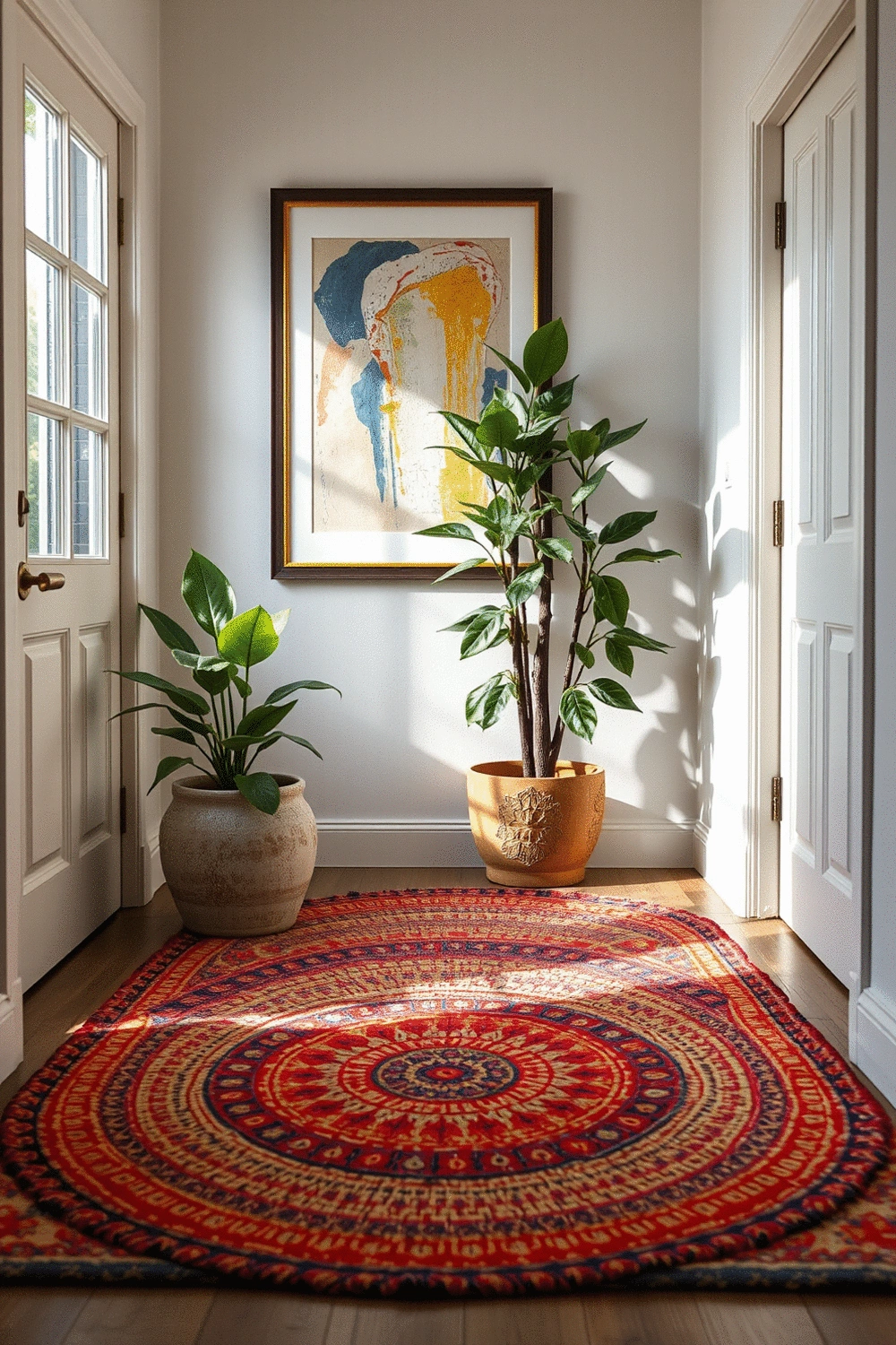 Entryway with a colorful woven rug, a vibrant green plant in a ceramic pot, and a framed abstract artwork, creating a welcoming and organized space