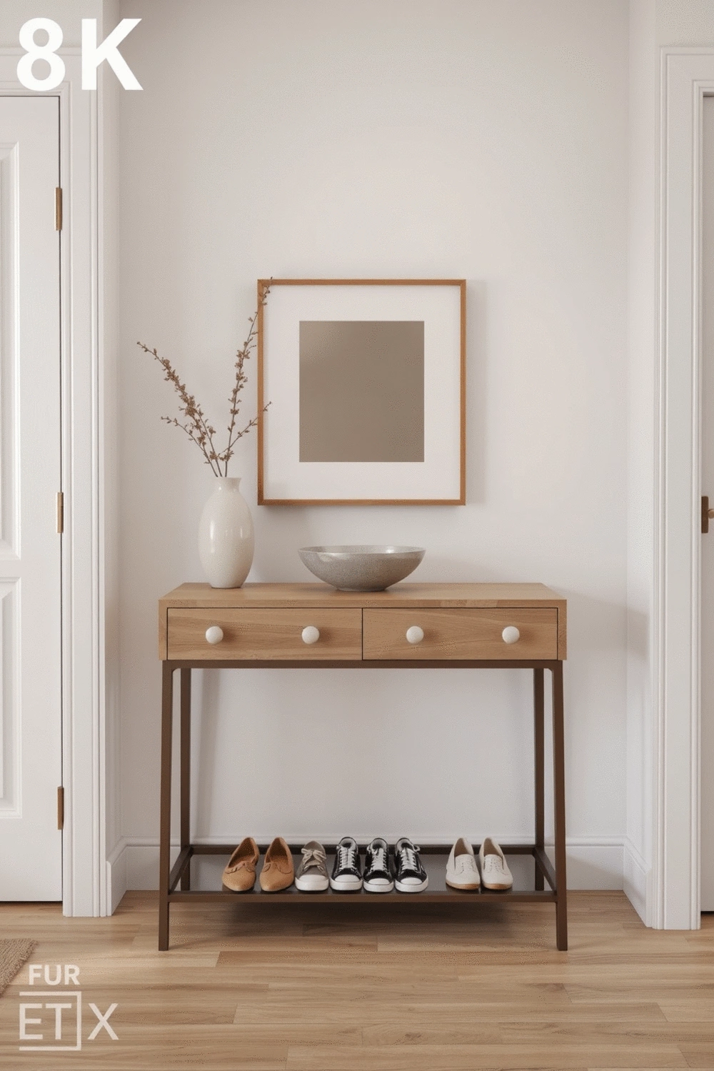 Stylishly organized entryway with a minimalist console table, a decorative bowl for keys, and a neatly arranged shoe rack beneath. The space is clean and inviting, with soft ambient lighting.