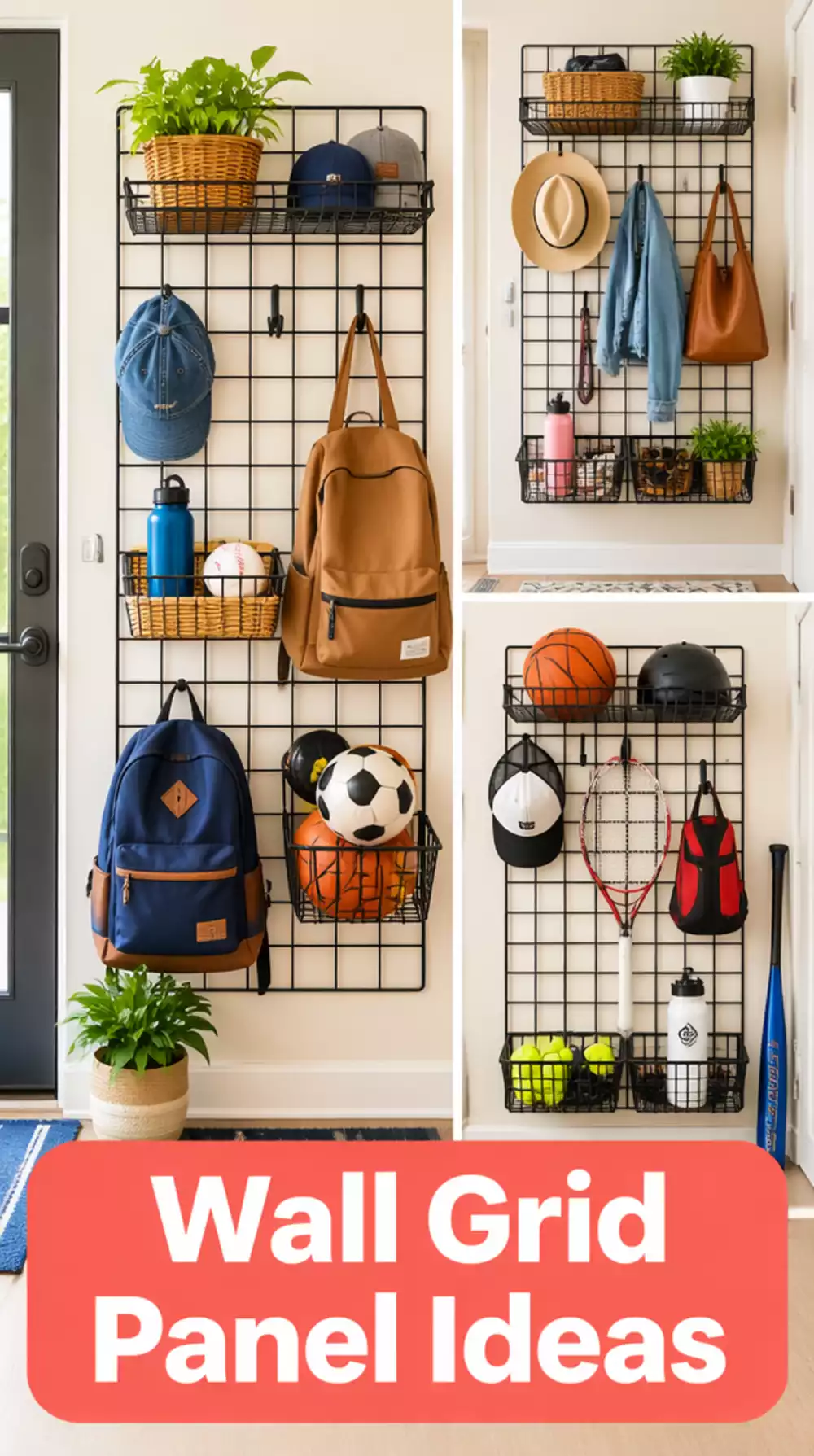 Narrow Entryway Wall Grid Panel with Baskets and Hooks That Stacks Vertically