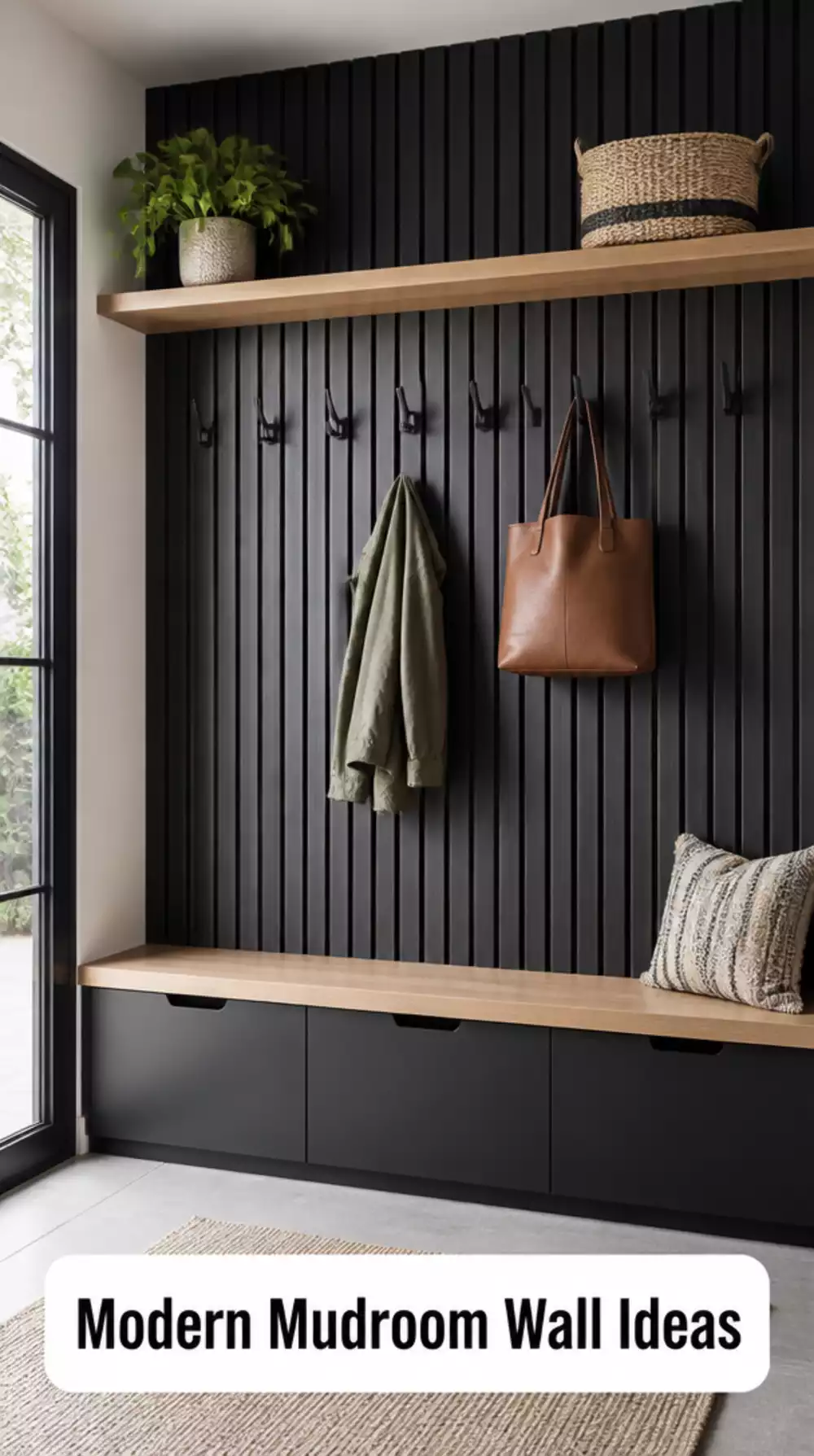 Modern Mudroom Wall with Black Slat Paneling and Integrated Coat Hooks