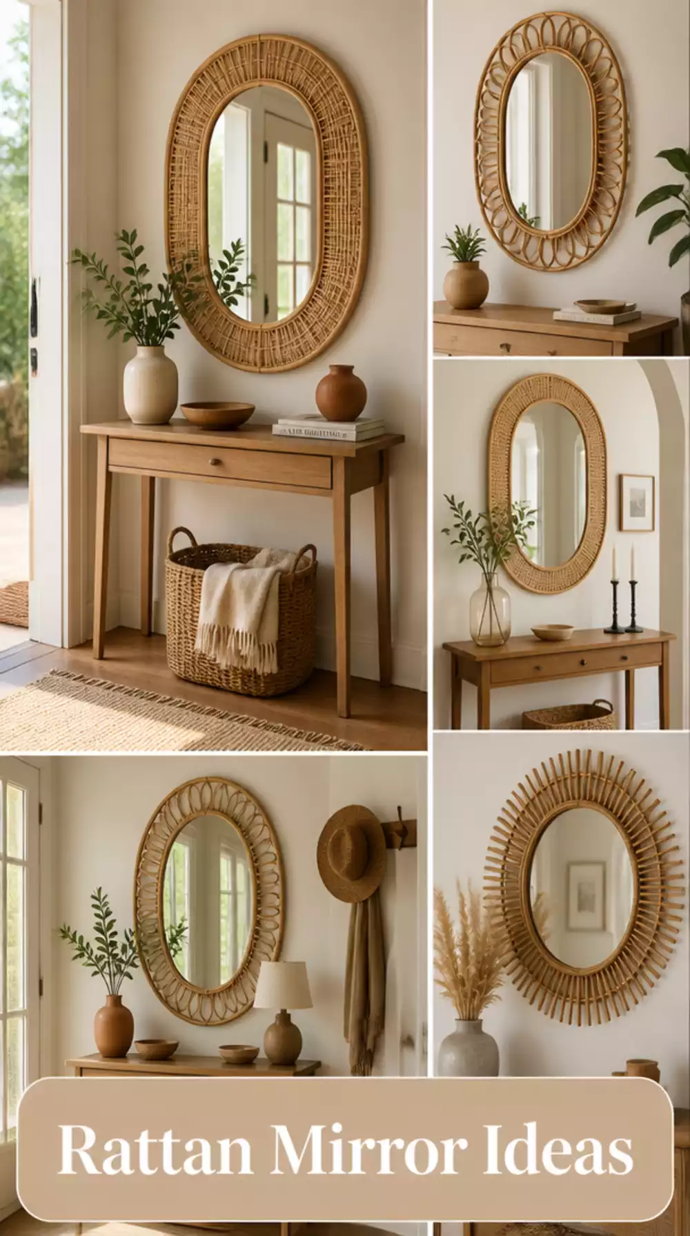 Entryway Rattan Oval Mirror That Instantly Warms a White Painted Wall