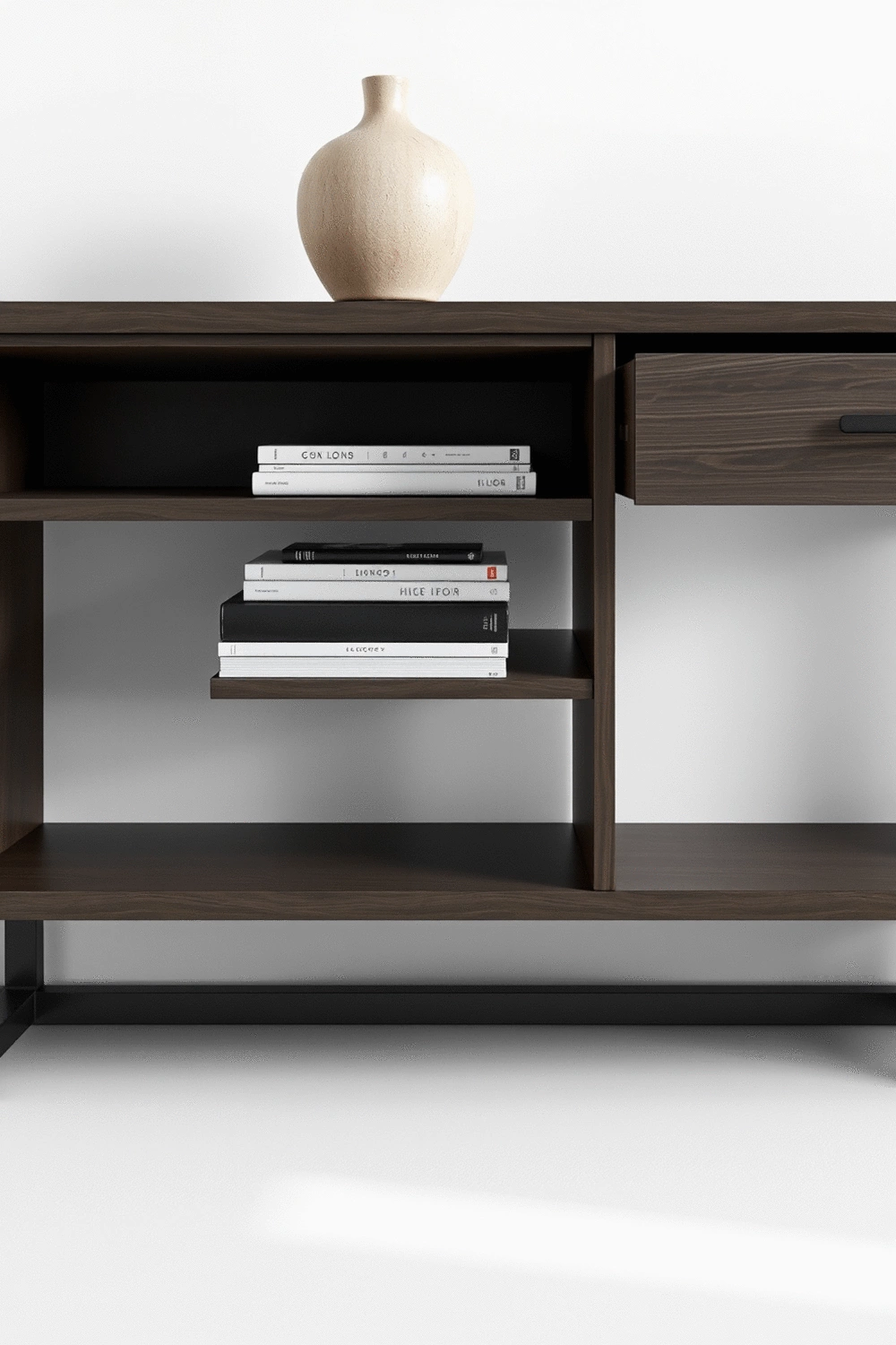 Console table with integrated drawers and shelves for organized storage
