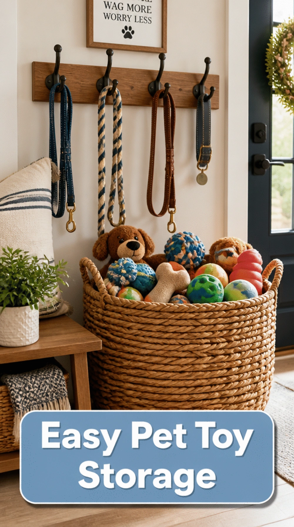 Entryway Large Woven Basket That Holds Dog Toys, Balls, and Rope Leads