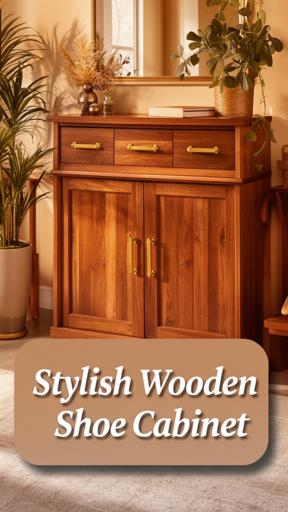Entryway Wooden Flip Shoe Cabinet with Brass Pulls on Each Panel Door
