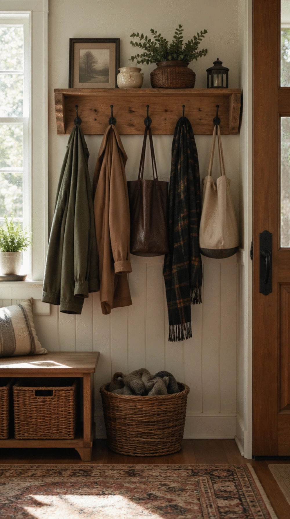 DIY Mudroom Hook Board Built from a Planed Timber Plank and Screw-In Hooks