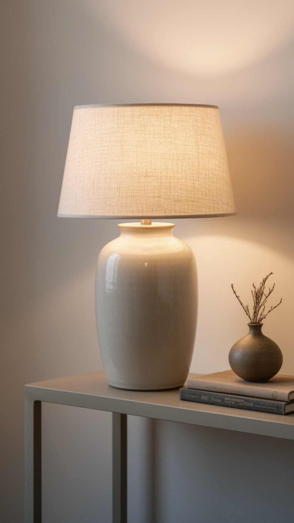 Entryway Ceramic Table Lamp with a Linen Shade on a Slim Console
