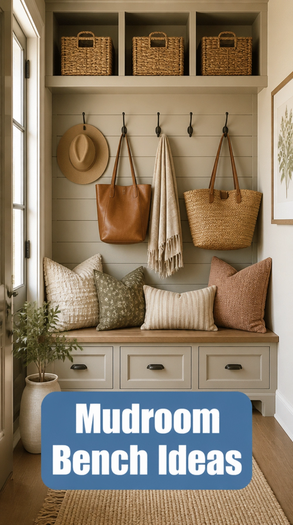 Mudroom Built-In Bench with Painted Shiplap Backing and Integrated Hooks