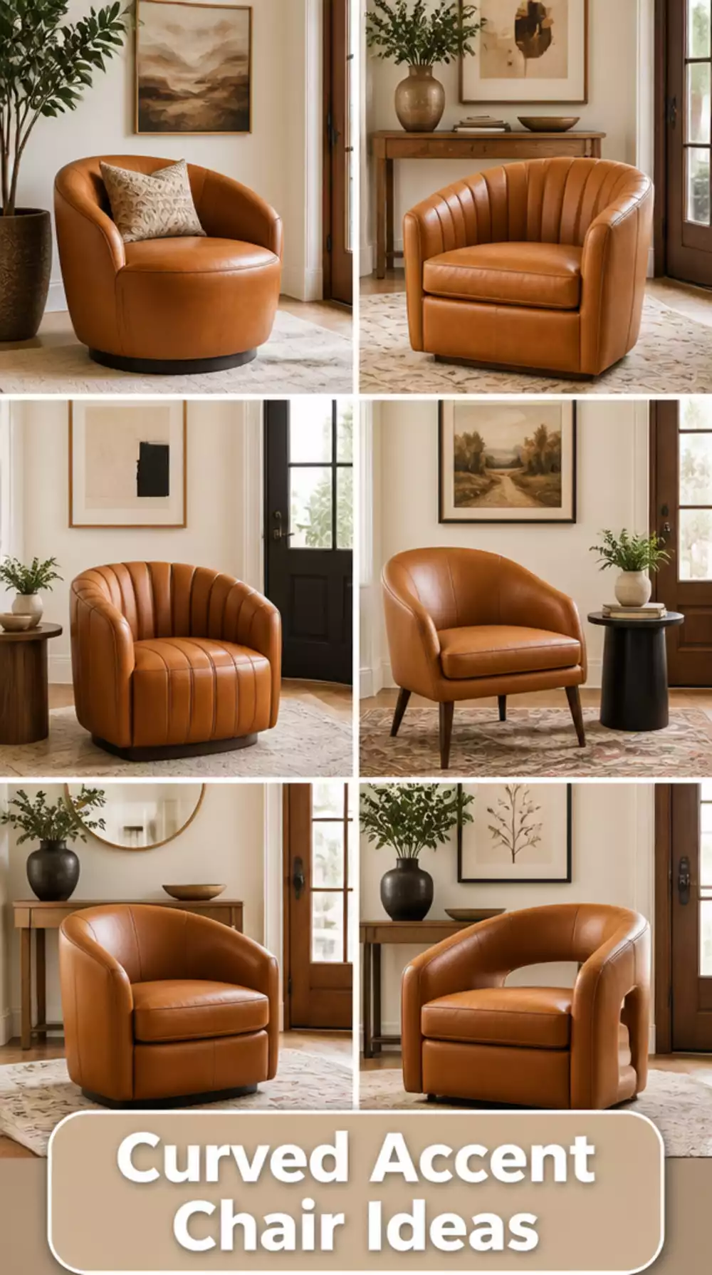 Entryway Curved Accent Chair in a Warm Caramel Leather or Faux Leather