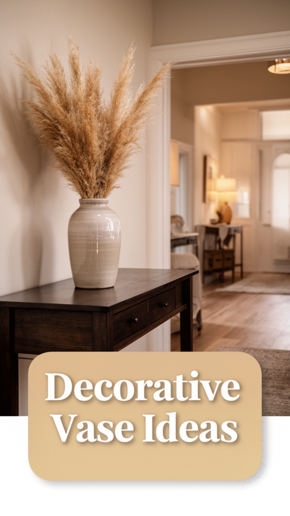 Tall Entryway Ceramic Vase with Pampas Grass on a Dark Wood Console