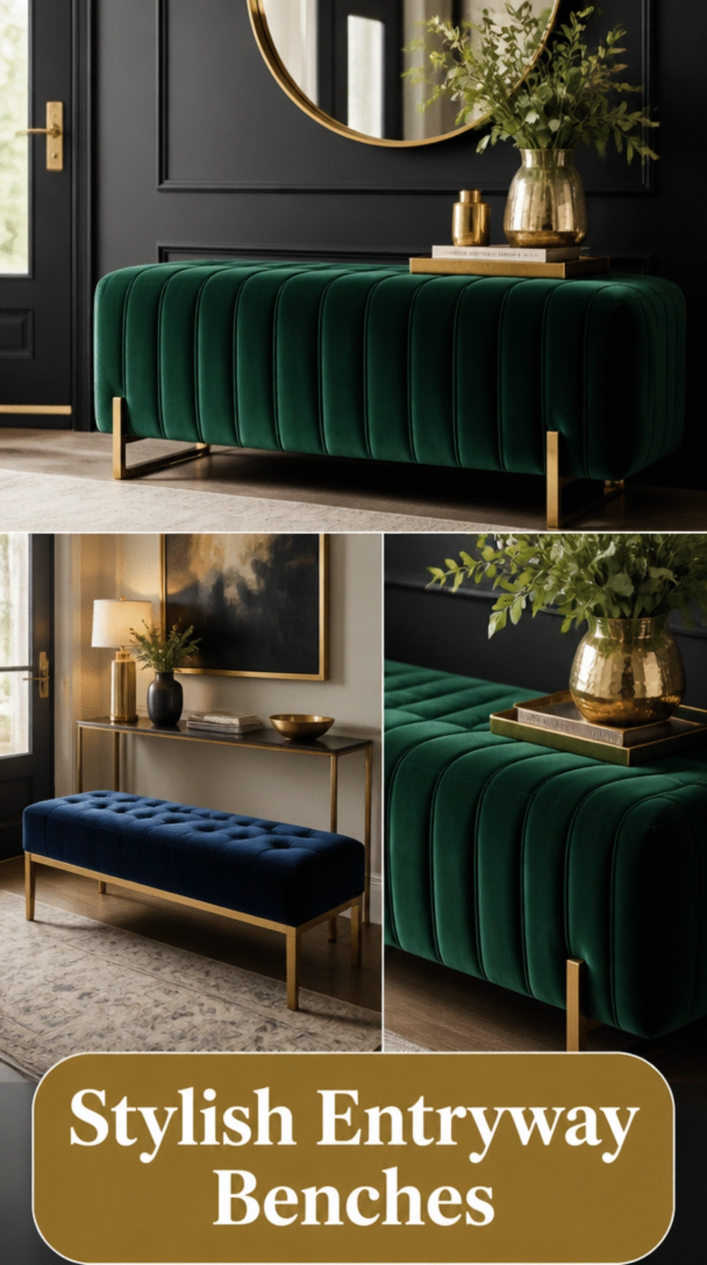 Entryway Silk or Velvet Upholstered Bench in Deep Emerald or Midnight Navy