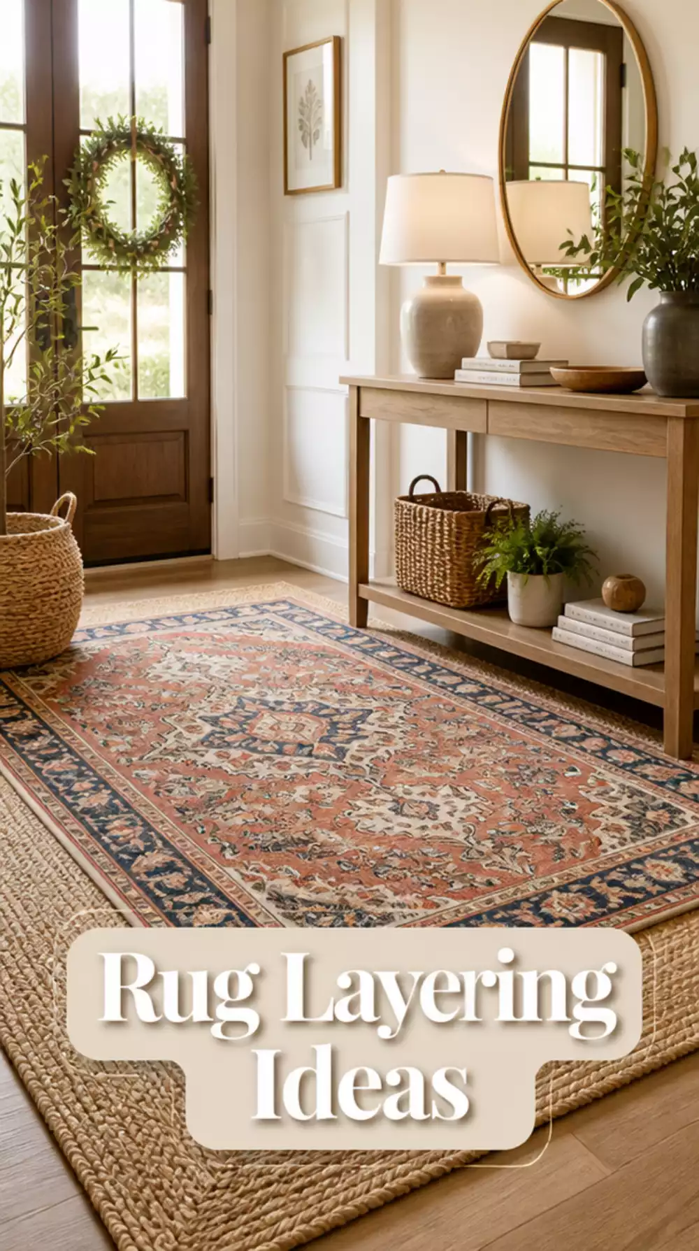 Natural Entryway Rug Layered Under a Smaller Printed Accent Rug